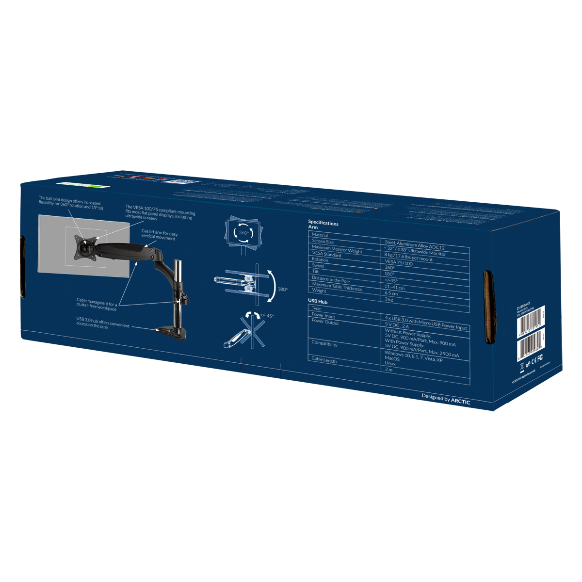 Desk Mount Gas Spring Monitor Arm ARCTIC Z1-3D (Gen 3) Packaging Rear View