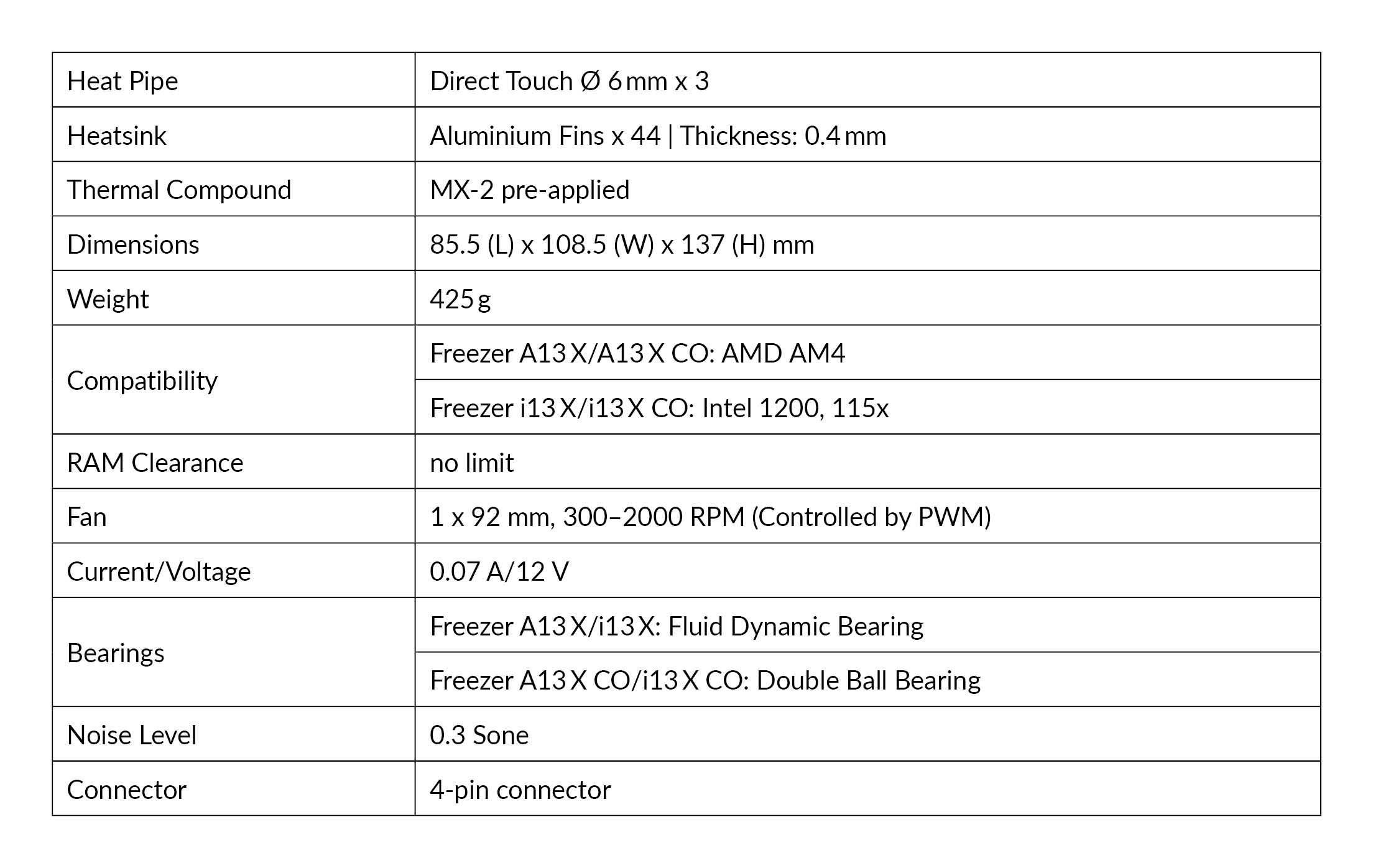 ARCTIC Freezer 13 X Series Specifications