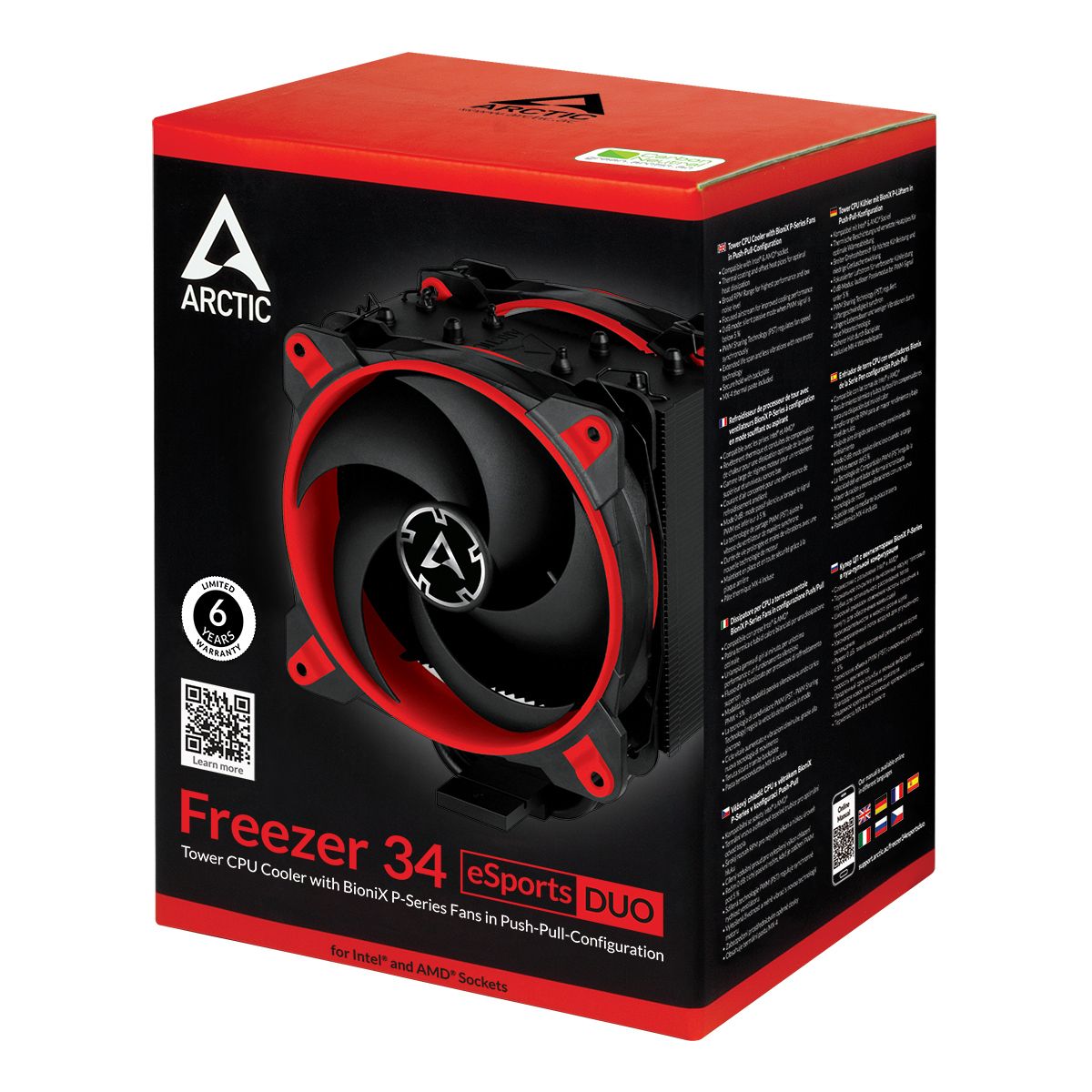 Tower CPU Cooler with Push-Pull Configuration ARCTIC Freezer 34 eSports DUO (Red) Packaging Front View